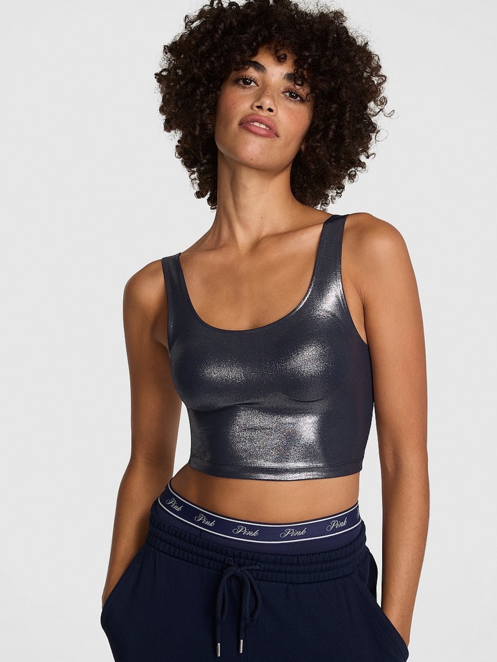 PINK Victoria's Secret Relay Bra Tank Noir Navy Foil Cropped Size Large NWT